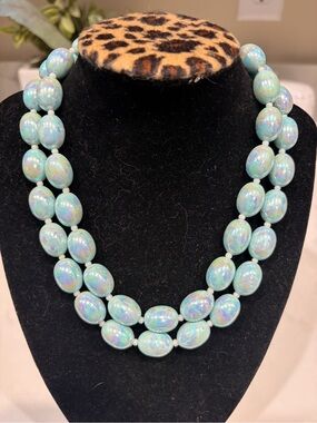 Japan Vintage Aqua Iridescent Double-Strand Bead Necklace